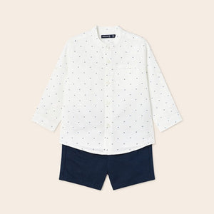 Mayoral 2pc Baby Boy White Print Dressy Shirt and Navy Short Set