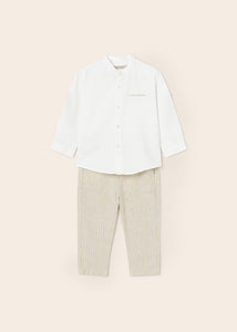 Mayoral 2pc Baby Boy White Dressy Linen Shirt and Beige Striped Pants Set