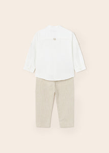 Mayoral 2pc Baby Boy White Dressy Linen Shirt and Beige Striped Pants Set