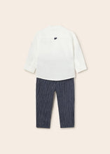 Carregar imagem no visualizador da galeria, Mayoral 2pc Baby Boy White Dressy Linen Shirt and Navy Striped Pants Set
