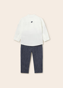 Mayoral 2pc Baby Boy White Dressy Linen Shirt and Navy Striped Pants Set