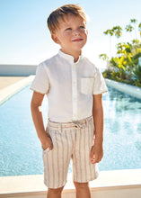 Cargar imagen en el visor de la galería, Mayoral 2pc Kid Boy White Dressy Shirt and Creme Striped Short Set
