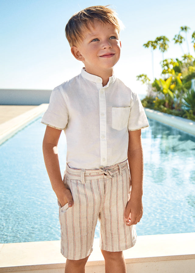Mayoral 2pc Kid Boy White Dressy Shirt and Creme Striped Short Set