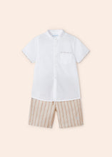 Carregar imagem no visualizador da galeria, Mayoral 2pc Kid Boy White Dressy Shirt and Creme Striped Short Set
