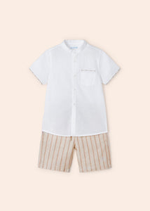 Mayoral 2pc Kid Boy White Dressy Shirt and Creme Striped Short Set
