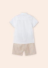 Load image into Gallery viewer, Mayoral 2pc Kid Boy White Dressy Shirt and Creme Striped Short Set
