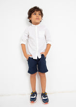 Carregar imagem no visualizador da galeria, Mayoral 2pc Kid Boy White Print Dressy Shirt and Navy Short Set
