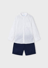 Cargar imagen en el visor de la galería, Mayoral 2pc Kid Boy White Print Dressy Shirt and Navy Short Set
