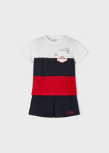 Load image into Gallery viewer, Mayoral 2pc Toddler Boy Red Color Block Dino Tee and Black Shorts Set
