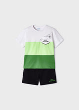 Cargar imagen en el visor de la galería, Mayoral 2pc Toddler Boy Green Colored Block Dino Tee and Black Shorts Set
