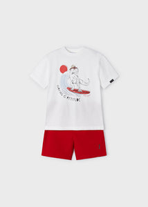 Mayoral 2pc Toddler Boy White Surf Dino Tee and Red Shorts Set