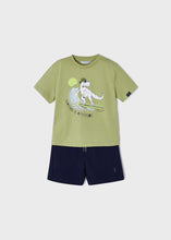 Cargar imagen en el visor de la galería, Mayoral 2pc Toddler Boy Olive Green Dino Surf Tee and Navy Shorts Set
