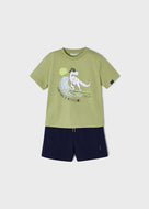Mayoral 2pc Toddler Boy Olive Green Dino Surf Tee and Navy Shorts Set