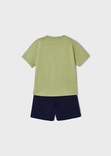 Afbeelding in Gallery-weergave laden, Mayoral 2pc Toddler Boy Olive Green Dino Surf Tee and Navy Shorts Set
