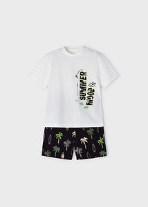Mayoral 2pc Toddler Boy White Summer Mood Tee and Black Printed Shorts Set