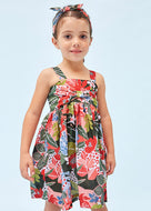 Mayoral Kid Girl Orange and Red Floral Printed Bow Dress with Headband