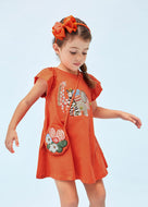 Mayoral Kid Girl Vestido laranja com estampa de animal com bolsa