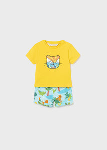 Mayoral Baby Boy 2pc Yellow Tiger Tee and Blue Safari Printed Shorts Set