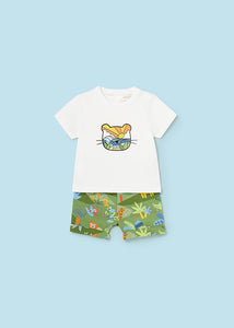 Mayoral Baby Boy 2pc White Tiger Tee and Green Safari Printed Shorts Set