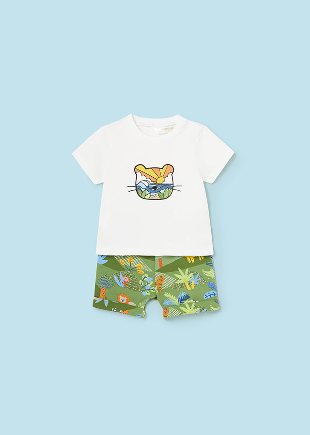 Mayoral Baby Boy 2pc White Tiger Tee and Green Safari Printed Shorts Set