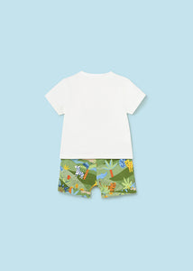 Mayoral Baby Boy 2pc White Tiger Tee and Green Safari Printed Shorts Set