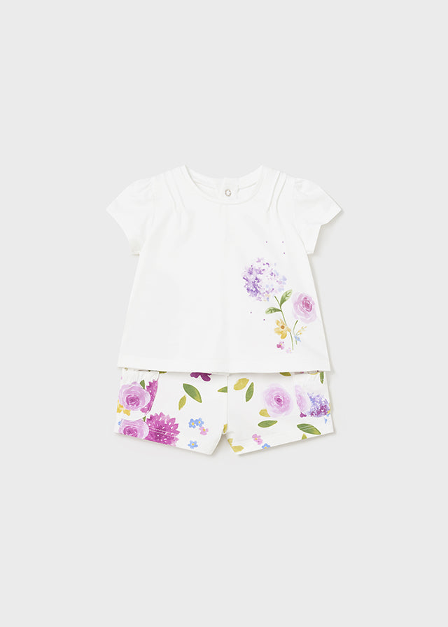 Mayoral 2pc Baby Girl White Top and Lilac Floral Printed Shorts Set