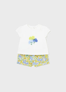 Mayoral 2pc Baby Girl White Top and Dandelion Printed Shorts Set