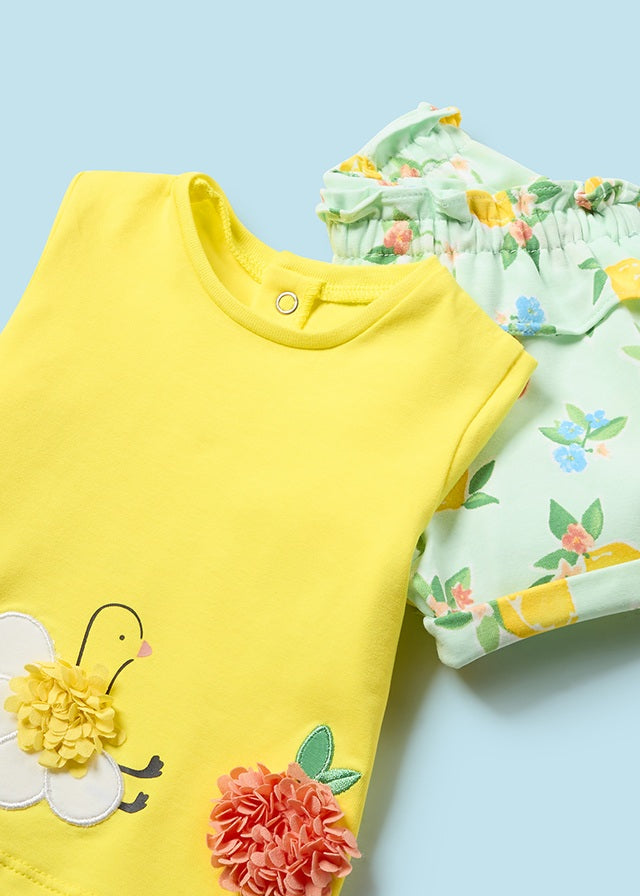 Mayoral 2pc Baby Girl Yellow Chick Top and Green Printed Shorts Set