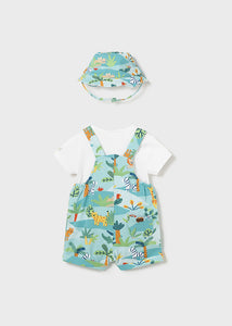 Mayoral 3pc Baby Boy Blue Safari Tee, Overall and Hat Set