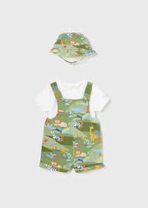 Mayoral 3pc Baby Boy Green Safari Tee, Overall and Hat Set