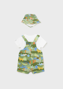 Mayoral 3pc Baby Boy Green Safari Tee, Overall and Hat Set