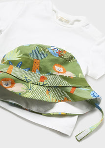 Mayoral 3pc Baby Boy Green Safari Tee, Overall and Hat Set