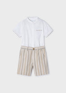 Mayoral 2pc Kid Boy White Dressy Shirt and Khaki Striped Shorts Set