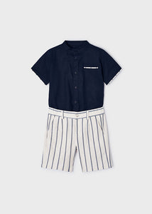 Mayoral 2pc Kid Boy Navy Dressy Shirt and Striped Shorts Set