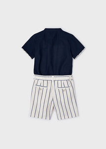 Mayoral 2pc Kid Boy Navy Dressy Shirt and Striped Shorts Set