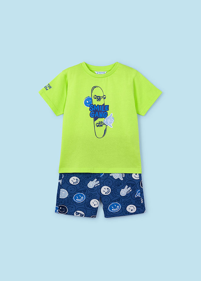 Mayoral 2pc Boy Green Smiley Tee and Navy Printed Shorts Set