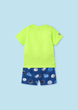 Load image into Gallery viewer, Mayoral 2pc Boy Green Smiley Tee and Navy Printed Shorts Set
