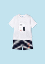 Load image into Gallery viewer, Mayoral 2pc Boy White Vacay Tee and Navy Striped Shorts Set
