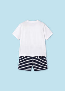 Mayoral 2pc Boy White Vacay Tee and Navy Striped Shorts Set