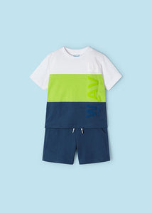 Mayoral 2pc Boy Green & White Wave Tee and Navy Shorts Set