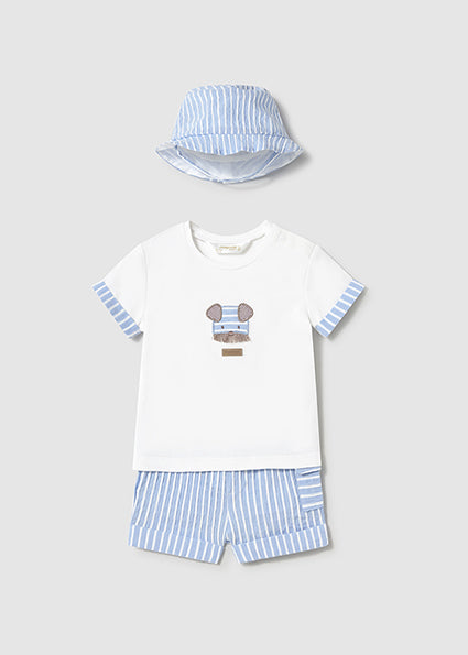 Mayoral 3pc Baby Boy White Tee, Blue Striped Shorts and Bucket Hat Set