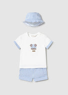 Mayoral 3pc Baby Boy White Tee, Blue Striped Shorts and Bucket Hat Set