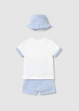 Load image into Gallery viewer, Mayoral 3pc Baby Boy White Tee, Blue Striped Shorts and Bucket Hat Set
