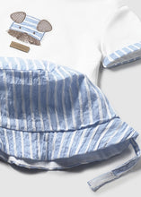 Load image into Gallery viewer, Mayoral 3pc Baby Boy White Tee, Blue Striped Shorts and Bucket Hat Set
