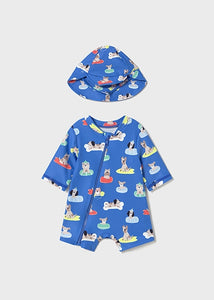 Mayoral 2pc Baby Boy Blue Dog Print Swimsuit Romper & Sun Hat Set