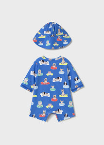 Mayoral 2pc Baby Boy Blue Dog Print Swimsuit Romper & Sun Hat Set