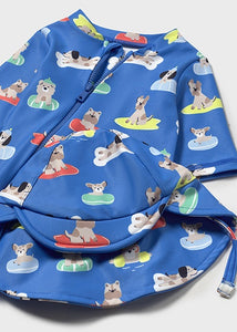 Mayoral 2pc Baby Boy Blue Dog Print Swimsuit Romper & Sun Hat Set