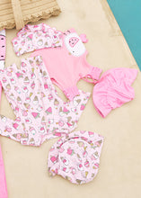 Afbeelding in Gallery-weergave laden, Mayoral 2pc Baby Girl Pink Bird/ Ice Cream Print Swimsuit Romper &amp; Sun Hat Set
