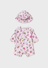 Afbeelding in Gallery-weergave laden, Mayoral 2pc Baby Girl Pink Bird/ Ice Cream Print Swimsuit Romper &amp; Sun Hat Set
