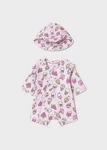 Mayoral 2pc Baby Girl Pink Bird/ Ice Cream Print Swimsuit Romper & Sun Hat Set
